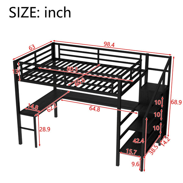 English Elm Twin Xl Metal Loft Bed with Stair Storage Shelves Sturdy Steel Frame for Dorms W1580S00545
