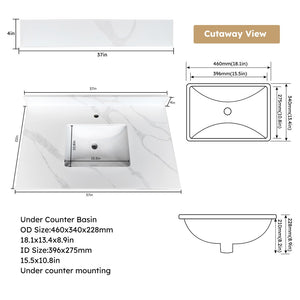 English Elm 37-inch Carrara Quartz Vanity Top Undermount Sink Marble Veined Stain Resistant Bath W2699P459405