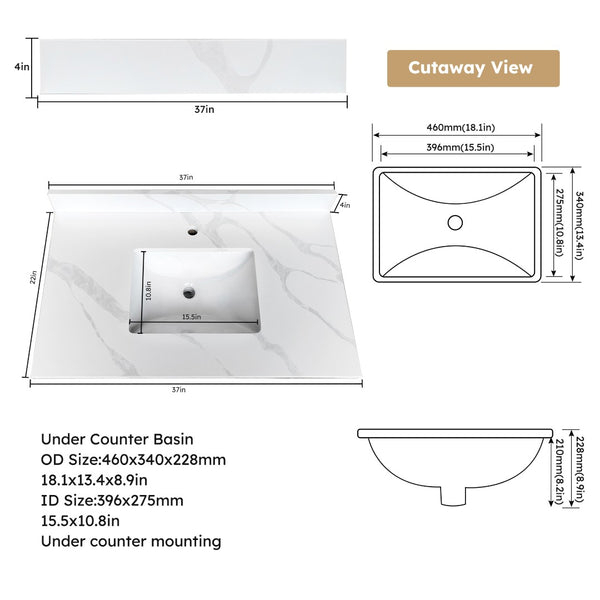 English Elm 37-inch Carrara Quartz Vanity Top Undermount Sink Marble Veined Stain Resistant Bath W2699P459405