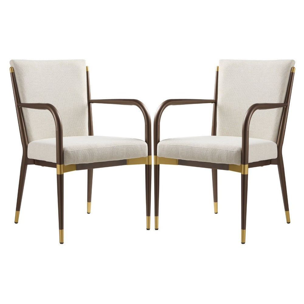 English Elm Modern Gold Accent Iron Frame Dining Arm Chairs Upholstered Set of Two for Elegant Spaces Brown+Beige N771P345830W