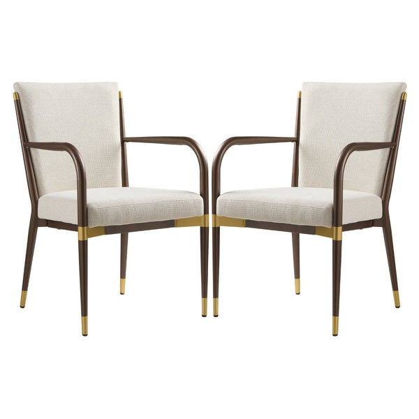 English Elm Modern Gold Accent Iron Frame Dining Arm Chairs Upholstered Set of Two for Elegant Spaces Brown+Beige N771P345830W