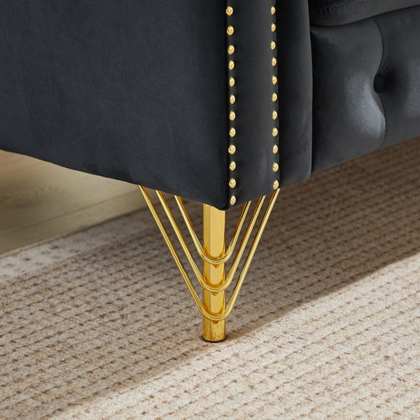 English Elm Velvet Tufted Chesterfield Sofa with Copper Stud Trim and Gold Metal Legs Black W834P423610