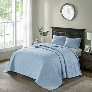 JLA Home Madison Park - 3 Reversible Bedspread Set with Quilted Stitch Texture, Oversized Drape, Prewashed Cotton Fill & Antimicrobial Care Blue MP13-1564