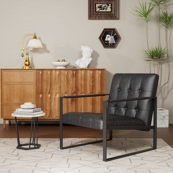 English Elm Accent Modern Upholstered Chair with Ottoman Black PU Linen, Plush Cushion, Metal Frame, Versatile Comfort for Living Room Office Bedside W578P357514