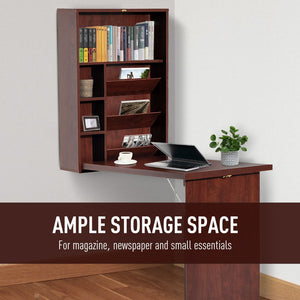 English Elm Wall Mounted Fold Out Desk in Mahogany Finish with Shelving for Compact Home Offices T3971P408153