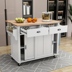 English Elm Kitchen Cart with Drop-Leaf Rubberwood Countertop, Sliding Barn Door, Locking Wheels & Storage Space White SK000001AAW