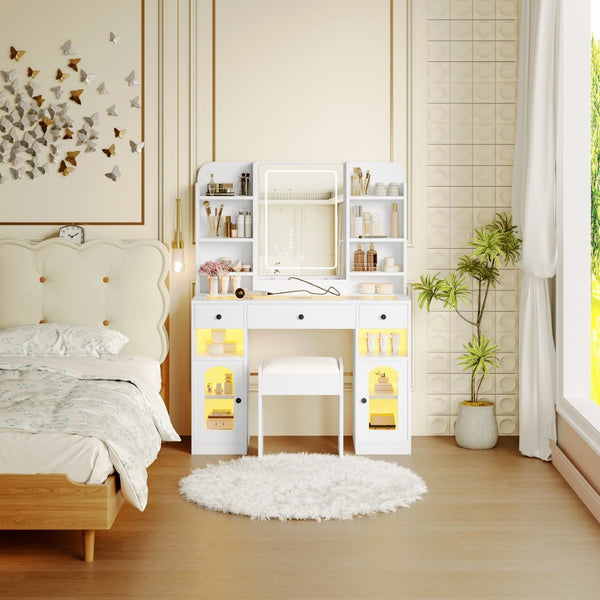 English Elm 43.2" Bedroom Dressing Table with Rgb Lit Glass Cabinets Led Mirror and Charging Station White N704P407114K