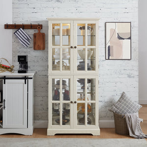 English Elm Curio Glass Cabinet with Lattice Doors and Adjustable Shelves, Antique Showcase with E26 Bulb Included White W1758P387896