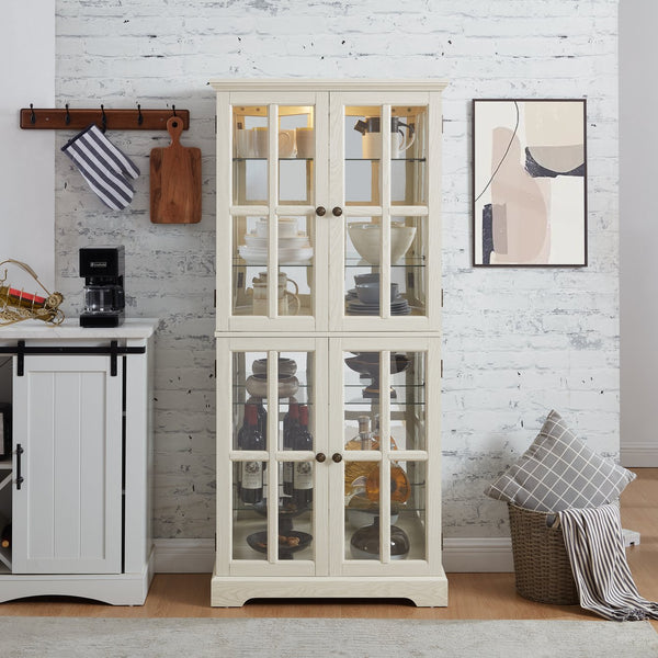 English Elm Curio Glass Cabinet with Lattice Doors and Adjustable Shelves, Antique Showcase with E26 Bulb Included White W1758P387896