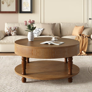 English Elm Coffee Round Flip-Top Coffee Table with Hidden Storage and Open Shelf, Modern Living Room Chest Walnut Brown W1445P341373