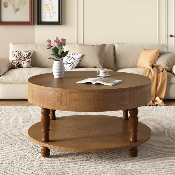 English Elm Coffee Round Flip-Top Coffee Table with Hidden Storage and Open Shelf, Modern Living Room Chest Walnut Brown W1445P341373