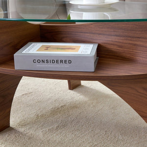 English Elm Oval Tempered Glass Coffee Table with Wood Grain Legs and Built-in Fan Tray Shelf W1151P256008