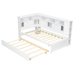 English Elm Twin Daybed with Built-In Shelves, USB Port & Trundle — Solid Pine Frame, Sturdy Storage and Smooth Wheels for Space-Saving Sleep Solutions White GX000467AAK