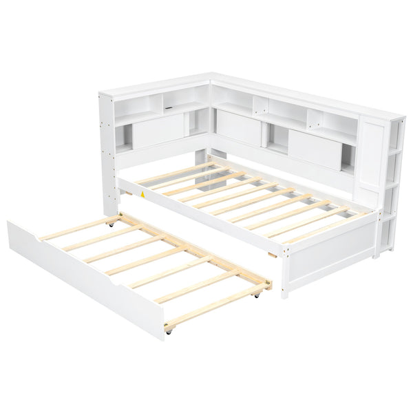 English Elm Twin Daybed with Built-In Shelves, USB Port & Trundle — Solid Pine Frame, Sturdy Storage and Smooth Wheels for Space-Saving Sleep Solutions White GX000467AAK