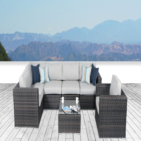 English Elm 5-Person Wicker Patio Set with Cushions Fully Assembled — 7-Piece Weatherproof Aluminum Sofa Set, Plush 5" Cushions Grey B120S00107