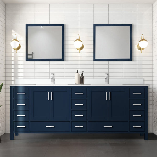 English Elm Navy Double Bath Vanity 84"W x 22"D with White Quartz Top, Soft-Close Drawers & Two Mirrors B2731S00853