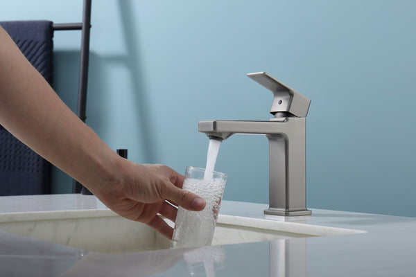 English Elm Gun Gray Single Hole Bathroom Faucet - Modern Sink Fixture With Easy Install & Two Hoses Included T3177P289655