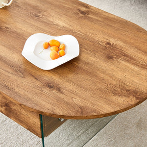 English Elm Cozy Natural Oval Coffee Table with Dual Drawers, Tempered Glass Legs, Wood Grain MDF Top, 43.3"x23.6" W1512P405601