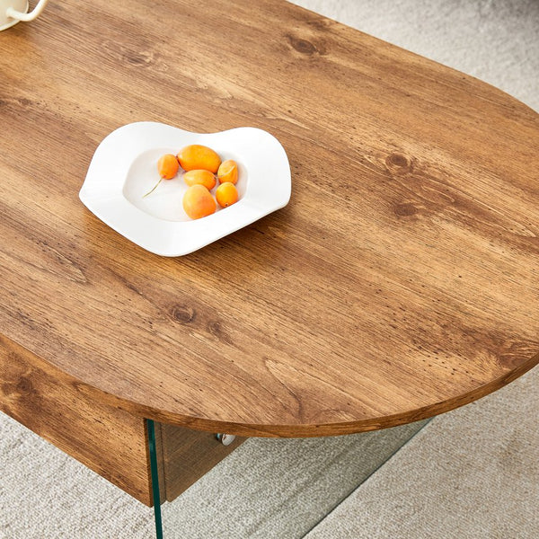 English Elm Cozy Natural Oval Coffee Table with Dual Drawers, Tempered Glass Legs, Wood Grain MDF Top, 43.3"x23.6" W1512P405601