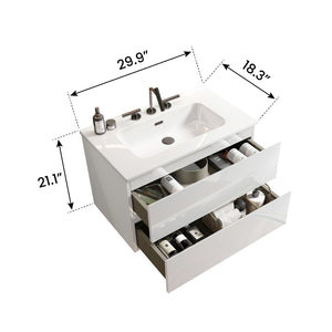 English Elm Tia 30" Glossy White Floating Bathroom Vanity With Ceramic Sink & Soft-Closing Drawers, Easy Install W1865S00065-GIGA