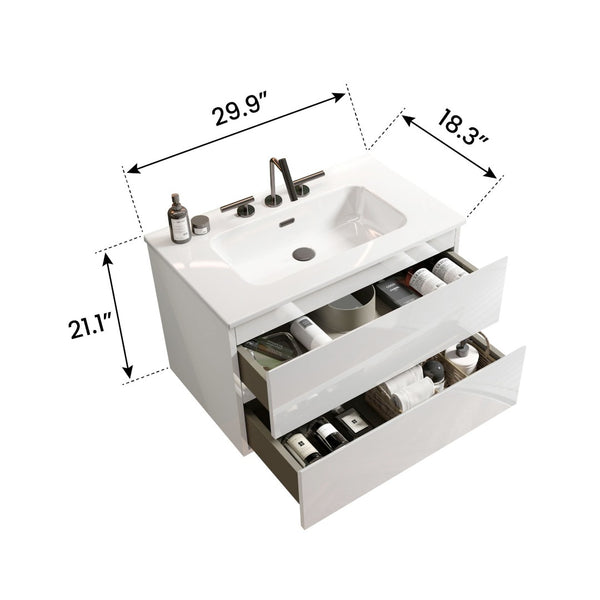 English Elm Tia 30" Glossy White Floating Bathroom Vanity With Ceramic Sink & Soft-Closing Drawers, Easy Install W1865S00065-GIGA
