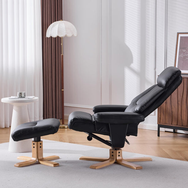 English Elm Black Pu Leather Swivel Accent Chair with Ottoman Heated Massage Wood Base Lounge W3248P465018