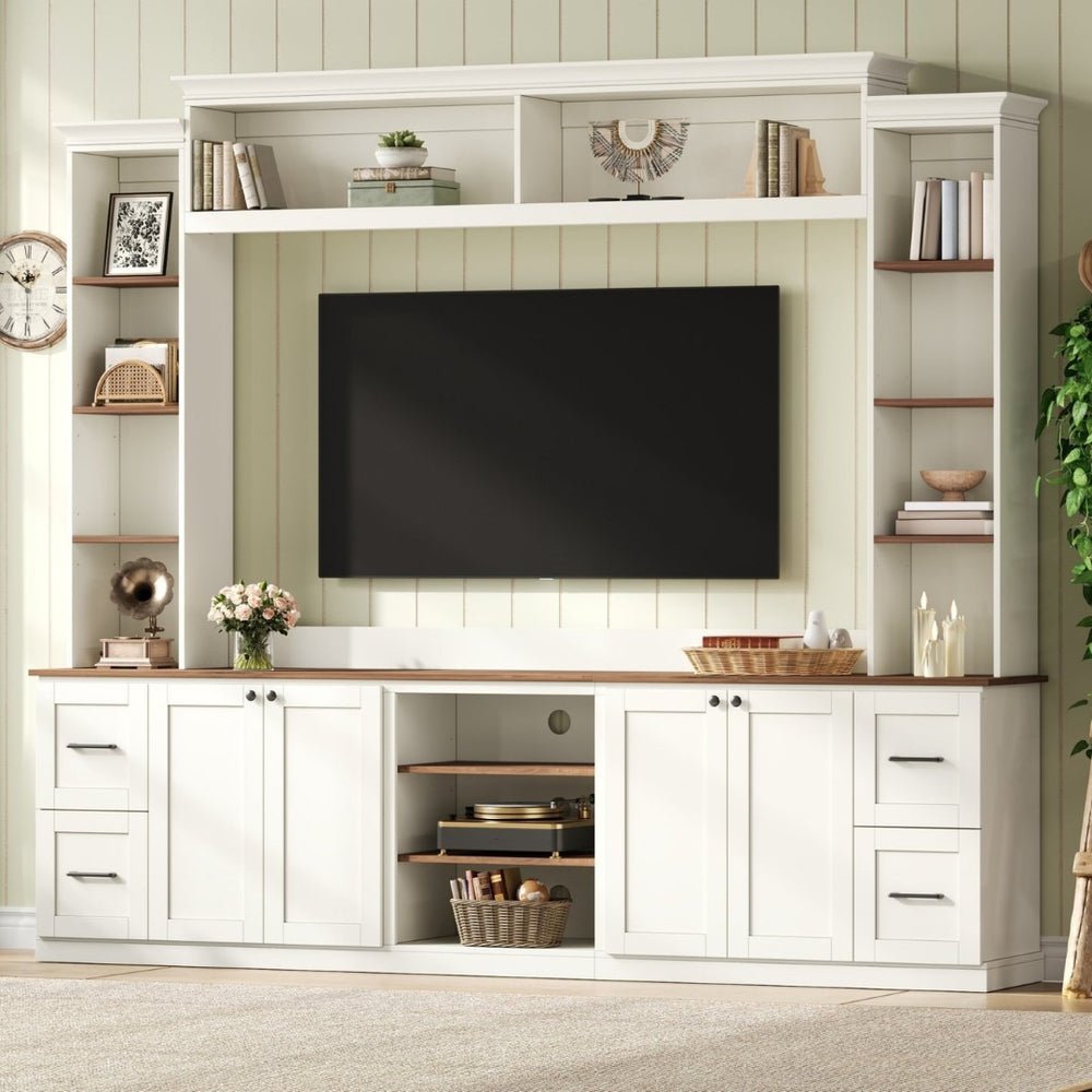 English Elm Unique Low Profile Media Console with Led Lighting Glass Shelves Fits Tvs to 105 White N721S000077K