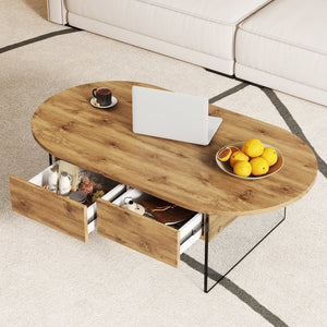 English Elm Coffee modern wood coffee table with double drawers, tempered glass sides, sleek storage & easy assembly W1151P191785