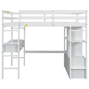 English Elm Full Loft Bed with Built-in Desk, 4 Drawers, 6 Shelves, Pine/MDF White — Space-Saving Study Loft SM000320AAK