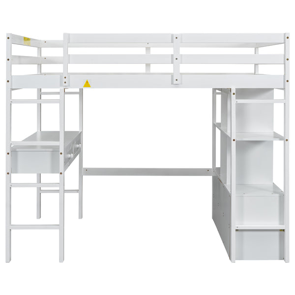English Elm Full Loft Bed with Built-in Desk, 4 Drawers, 6 Shelves, Pine/MDF White — Space-Saving Study Loft SM000320AAK