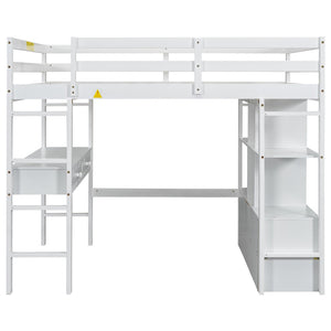 English Elm Full Size Loft Bed Pine Wood Frame with Desk Four Drawers and Shelves in White SM000320AAK-1