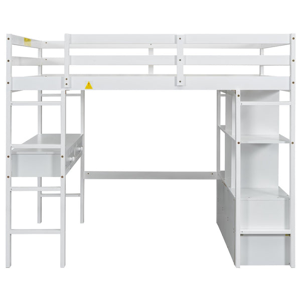 English Elm Full Size Loft Bed Pine Wood Frame with Desk Four Drawers and Shelves in White SM000320AAK-1