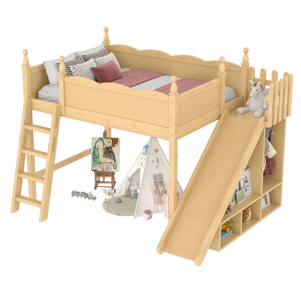 English Elm Twin Loft Bed Solid Pine Frame with Wardrobe Shelving Detachable Slide Kids Room Natural W5305S00022