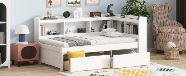 English Elm Twin L-Shaped Bookcase Bed With Usb Charging, Two Drawers & Modern White Finish For Smart Storage W504S00244-GIGA