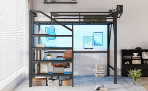English Elm Queen Metal Loft Bed with Staircase Storage Foldable Desk and Built-in Charging W2580S00073