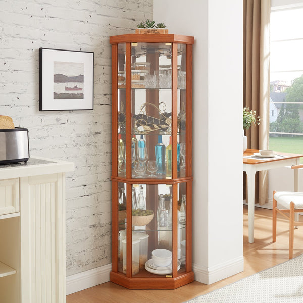 English Elm Lighted Corner Curio Cabinet - Stylish Dark Oak Display Case With Adjustable Shelves & Built-In Lighting W1758P300103