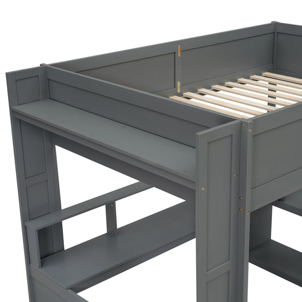 English Elm Wood Full Size Gaming Loft Bed with Desk, LED Lights, USB Charging Ports & Multi Storage Dark Gray SM000374AAE