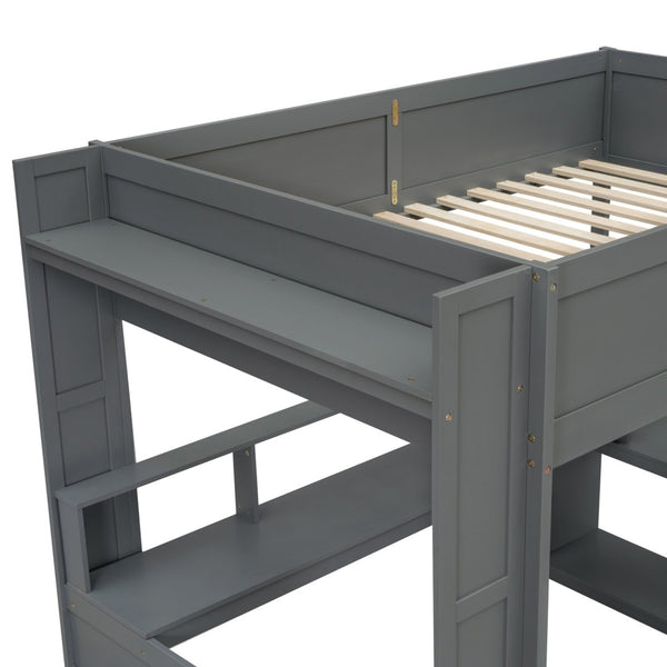 English Elm Wood Full Size Loft Bed with Built-in Desk Led Lighting and Charging Station SM000374AAE-1