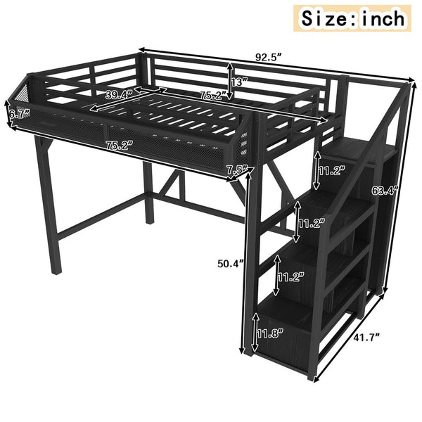 English Elm Twin Metal Loft Bed with Wardrobe Storage Stairs Led Lighting and Usb Ports W1580S00405
