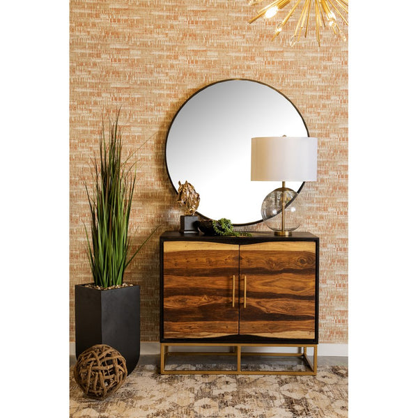 English Elm Denali Variegated Black Walnut 2-Door Accent Cabinet with Soft Gold Metal Base — Handcrafted Contrast B062P353471