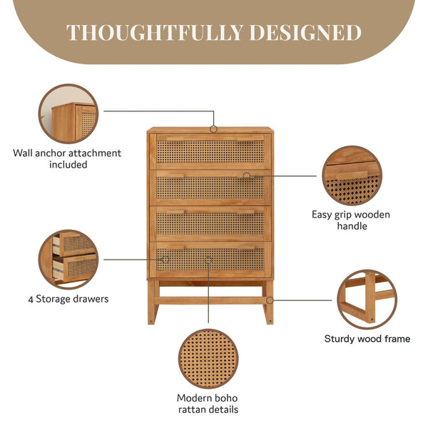 English Elm Talo Four Drawer Dresser with Woven Rattan Fronts Light Wood Boho Bedroom Storage B2733S00006