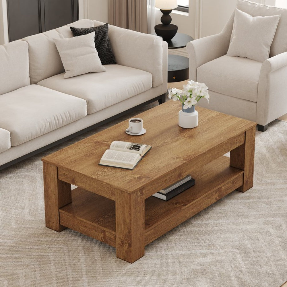 English Elm A Modern Two-tier Mdf Coffee Table with Open Shelf for Living Room Storage W3875P392271