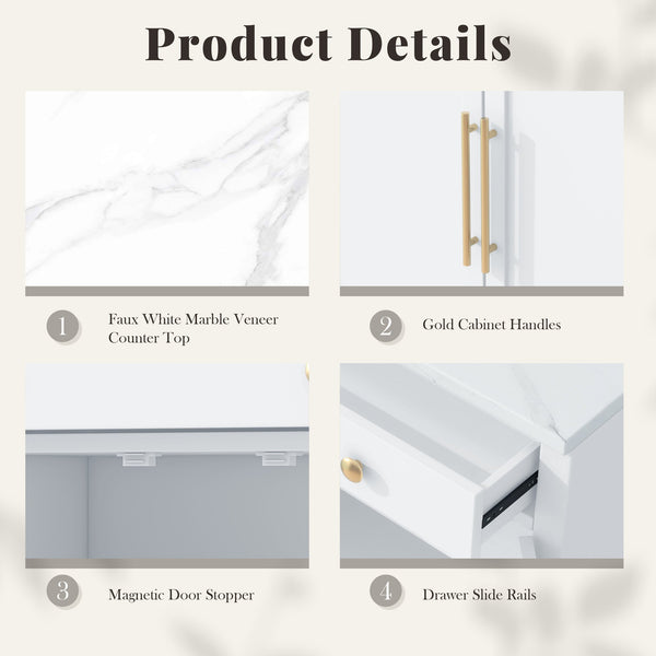 English Elm [Assembly Modern Freestanding Kitchen Pantry with Faux Marble Top, Set of 2 Cabinets with Drawer, Adjustable Shelves, Sleek Durable Design for Dining Room and Coffee Bar White SP000074AAK