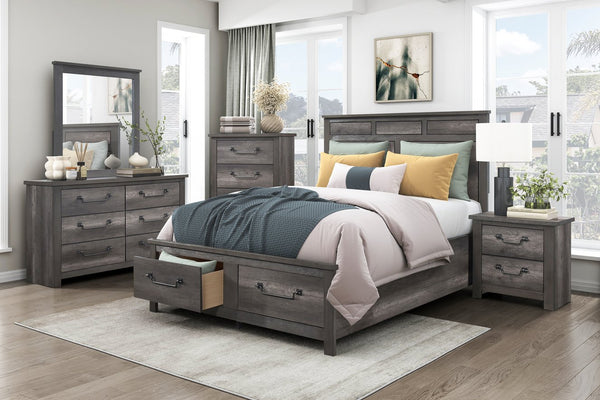 English Elm 1pc Queen Platform Bed with Footboard Storage, Gray Wood Finish, Traditional Design, 2 Drawers, 57"H B011S01251