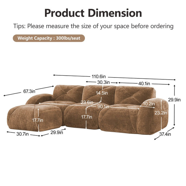 English Elm L-shaped Velvet Cloud Sectional Sofa Modular Tufted Design with Ottoman for Living Room W714S01598