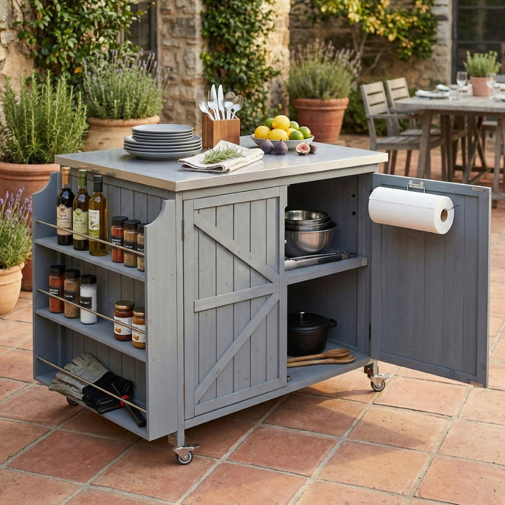 English Elm K&k Rolling Outdoor Kitchen Island Solid Fir Wood Stainless Steel Top Storage Cabinet Grey+Blue N707P370287G