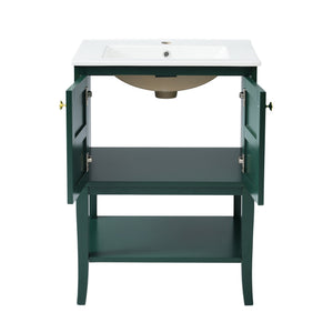 English Elm 24'' Retro Green Bathroom Vanity with Glossy Resin Basin, Solid Wood Feet, Soft-Close Doors, Ample Storage, Metal Handles (Modern) WF324870AAF