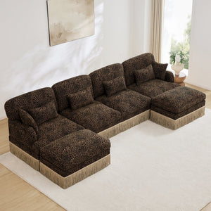 English Elm 131"comfy Chenille Leopard Print U-shaped Sectional with Tassel Trim and Modular Ottomans Brown W5656S00018