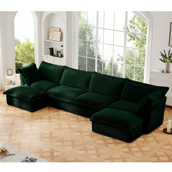 English Elm Slipcovered U-Shape Sectional Sofa - Cozy Cloud Couch With Removable Green Corduroy Covers & Big Pillows For Ultimate Comfort W3041S00086-GIGA