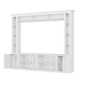 English Elm 4-Piece Modern Entertainment Center Wall Unit with Tempered Glass Doors, Adjustable Shelves, Designer Bridge and Cable Management for Spacious Living Room Storage White N721S000052K